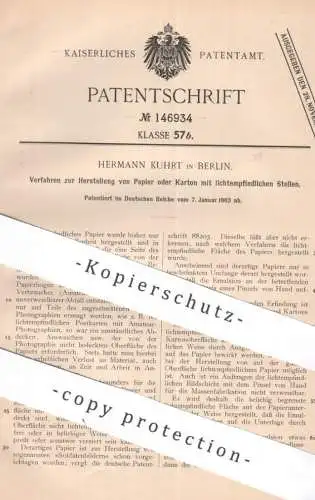 original Patent - Hermann Kuhrt , Berlin | 1903 | Herst. von Papier , Karton mit lichtempfindlichen Stellen | Fotografie