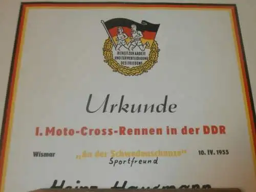 Urkunde - 1. Moto-Cross Rennen in der DDR , 10.04.1955 in Wismar ,Schwedenschanze, Rennfahrer - Nachlass , Motocross AWO