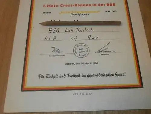 Urkunde - 1. Moto-Cross Rennen in der DDR , 10.04.1955 in Wismar ,Schwedenschanze, Rennfahrer - Nachlass , Motocross AWO