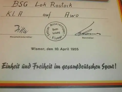 Urkunde - 1. Moto-Cross Rennen in der DDR , 10.04.1955 in Wismar ,Schwedenschanze, Rennfahrer - Nachlass , Motocross AWO
