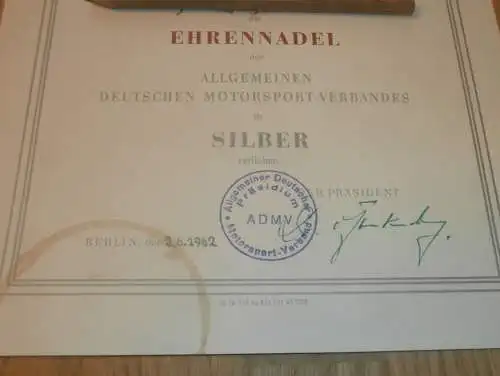 Urkunde - Ehrennadel des ADMV in Silber 1962 !! Speedway , Moto Cross , Rennfahrer - Nachlass , Motorsport , Rennsport !