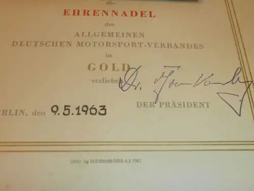 Urkunde - Ehrennadel des ADMV in Gold 1963 !! Speedway , Moto Cross , Rennfahrer - Nachlass , Motorsport , Rennsport !!!