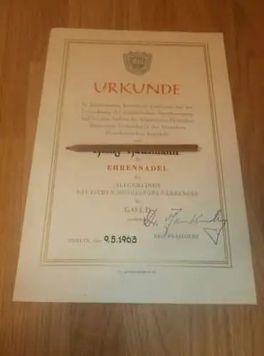 Urkunde - Ehrennadel des ADMV in Gold 1963 !! Speedway , Moto Cross , Rennfahrer - Nachlass , Motorsport , Rennsport !!!