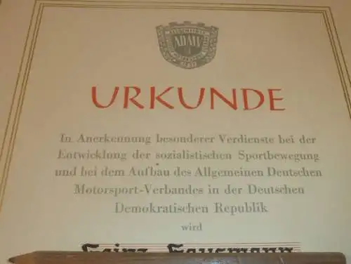 Urkunde - Ehrennadel des ADMV in Gold 1963 !! Speedway , Moto Cross , Rennfahrer - Nachlass , Motorsport , Rennsport !!!