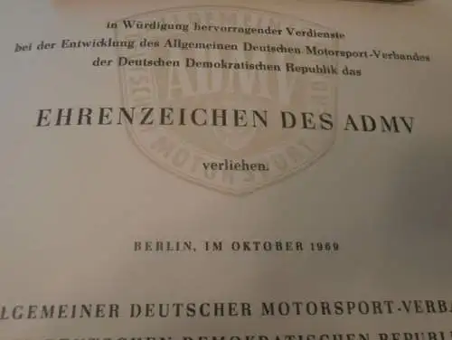 Urkunde - Ehrennadel des ADMV in Gold 1963 !! Speedway , Moto Cross , Rennfahrer - Nachlass , Motorsport , Rennsport !!!