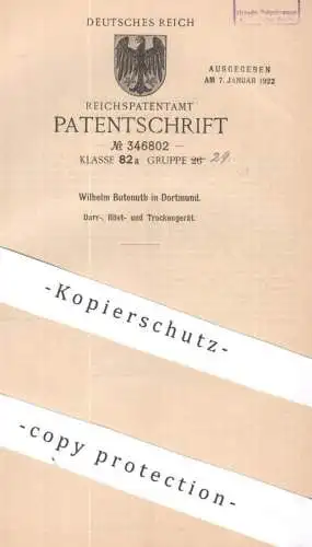 original Patent - Wilhelm Butenuth , Dortmund | 1919 | Darr-, Röst- u. Trockengerät | Röstmaschine | Kaffee , Rösten