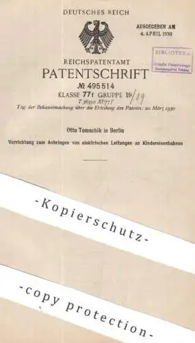 original Patent - Otto Tomschik , Berlin | 1929 | Elektrische Leitung an Kindereisenbahn | Modell Eisenbahn , Spielzeug