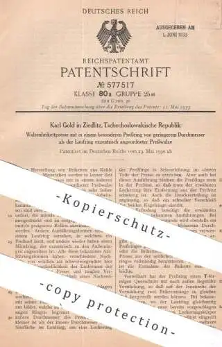 original Patent - Karl Gold , Ziedlitz , Tschechien | 1930 | Walzenbrikettpresse | Brikett Kohle Koks Presse Walzen