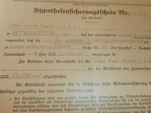 Janssen & Bechly in Neubrandenburg , 1939 , Brauerei , Bier , Hypothek Wollweberstrasse ,  Mecklenburg , Colonia !!