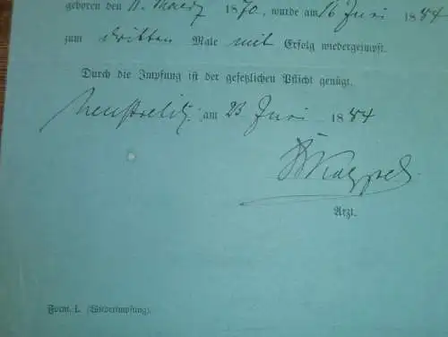 alter Impfschein , 1884 , Ernst Siebert in Neustrelitz i. Mecklenburg , Impfung , Impfen , Arzt , Medizin !!!