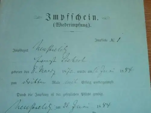 alter Impfschein , 1884 , Ernst Siebert in Neustrelitz i. Mecklenburg , Impfung , Impfen , Arzt , Medizin !!!