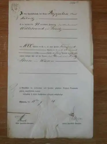 alte Akte - 1866 , Fritz Stein in Waren / Müritz ,  Reppelin b. Ribnitz in Mecklenburg , Willebrandt zu Dewitz Nahmacher