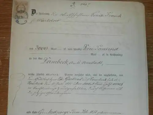 alte Akte - 1874 , L. Franck zu Warbelow b. Gnoien i. Mecklenburg , Ankershagen Dambeck b. Neustadt ,Medwege b. Schwerin