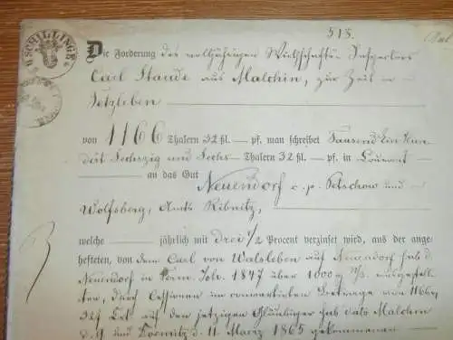 alte Akte - 1866 , Carl Staude in Teetzleben / Malchin i. Mecklenburg , Adel , Neuendorf b. Ribnitz , Dömitz , Walsleben