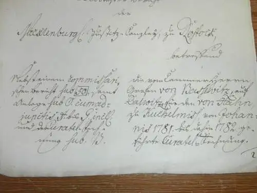 alte Akte - 1782 , von Hahn auf Kuchelmiss i. Mecklenburg , Vermögen , Rostock , Herzog , Roggenbau , Kuchelmiß !!!