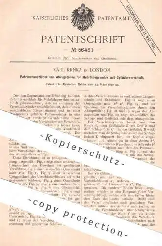 original Patent - Karl Krnka , London , England | 1890 | Patronenauszieher u. Abzugstollen für Mehrladegewehr | Gewehr !