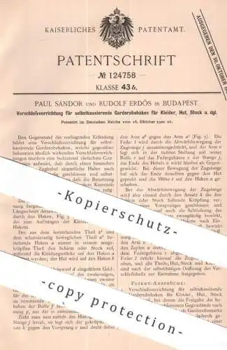 original Patent - Paul Sándor , Rudolf Erdös , Budapest Ungarn | 1900 | Verschluss für selbstkassierende Garderobenhaken
