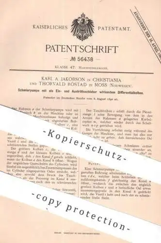 original Patent - Karl A. Jakobson , Christiania | Thorvald Röstad , Moss / Norwegen | 1890 | Schmierpumpe | Pumpe , Öl