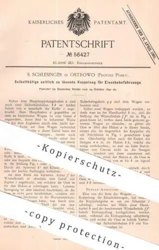 original Patent - S. Schlesinger , Ostrowo , Posen | 1890 | Kupplung für Eisenbahn - Fahrzeuge | Bahn , Lok , Zug Train