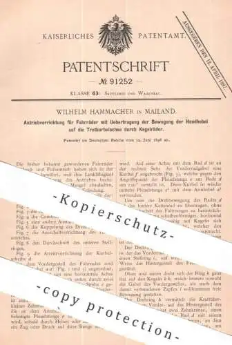 original Patent - Wilhelm Hammacher , Mailand , Italien | 1896 | Antrieb für Fahrräder | Fahrrad , Pedal , Tretkurbel !