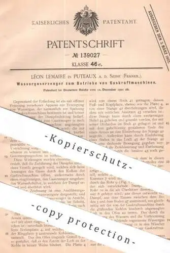 original Patent - Léon Lemaire , Puteaux a. d. Seine , Frankreich | 1901 | Wassergaserzeuger für Gas - Kraftmaschine !