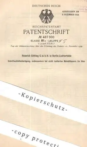 original Patent - Heinrich Götting GmbH , Berlin / Lichtenfelde | 1927 | Schriftschildbefestigung | Bierfass - Schild