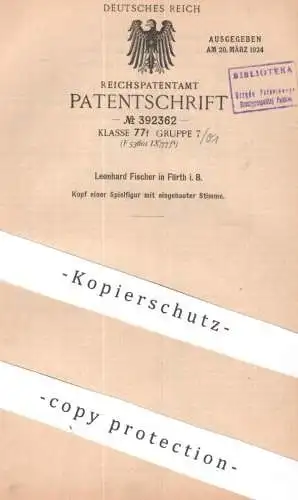original Patent - Leonhard Fischer , Fürth / Bayern | 1923 | Spielfigur - Kopf mit eingebauter Stimme | Spielzeug Puppe