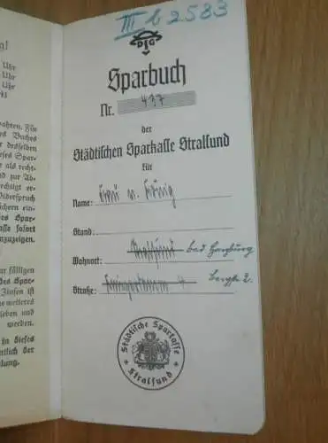 altes Sparbuch Stralsund , 1938 - 1944 , Frau von König in Stralsund i. Mecklenurg , Bad Harzburg , Sparkasse , Bank !!