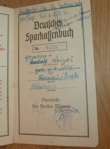 altes Sparbuch Wismar , 1947 - 1950 , Hermann Weigel in Brüel i. Mecklenburg , Brake b. Oldenburg , Sparkasse , Bank !!