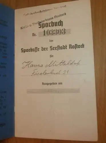 altes Sparbuch Rostock , 1936 - 1944 , Hanna Mitteldorf in Rostock i. Mecklenburg , Sparkasse , Bank !!