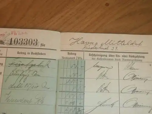 altes Sparbuch Rostock , 1936 - 1944 , Hanna Mitteldorf in Rostock i. Mecklenburg , Sparkasse , Bank !!