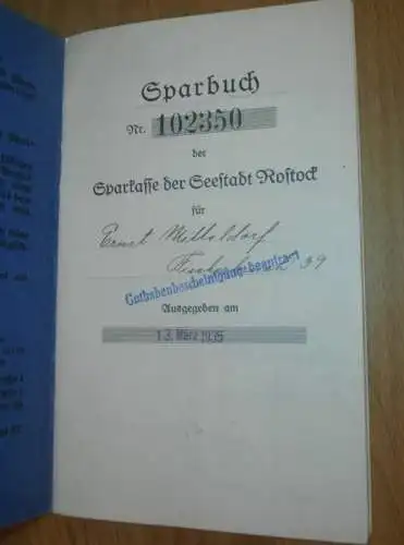 altes Sparbuch Rostock , 1935 - 1944 , Ernst Mitteldorf in Rostock i. Mecklenburg , Sparkasse , Bank !!