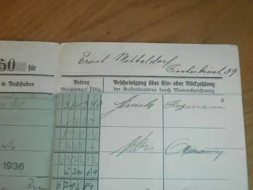 altes Sparbuch Rostock , 1935 - 1944 , Ernst Mitteldorf in Rostock i. Mecklenburg , Sparkasse , Bank !!