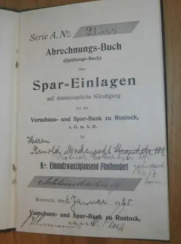 altes Sparbuch Rostock , 1925 - 1945 , Ober-Apotheker Arnold Mackenrodt in Rostock i. Mecklenburg , Sparkasse , Bank !!