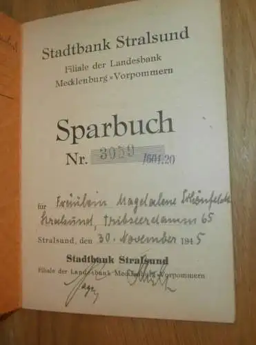 altes Sparbuch Stralsund , 1945 - 1948 , Magdalene Schönfeldt in Stralsund i. Mecklenburg , Sparkasse , Bank !!