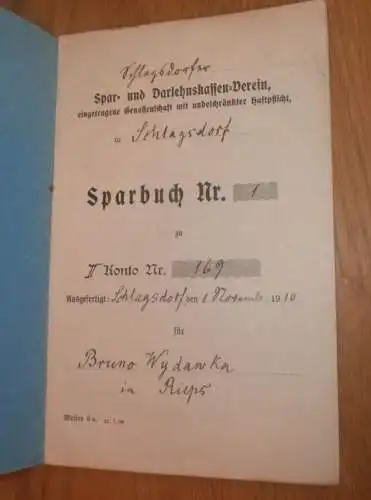 altes Sparbuch Schlagsdorf , 1910 - 1913 , Bruno Wydanska in Rieps b. Rehna i. Mecklenburg , Sparkasse , Bank