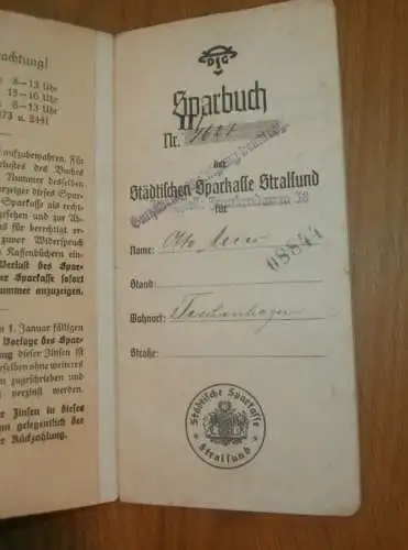 altes Sparbuch Stralsund , 1937 - 1944 , Otto Meier in Teschenhagen i. Mecklenburg , Sparkasse , Bank