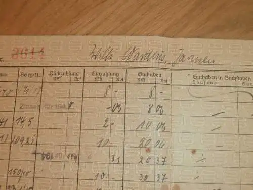 altes Sparbuch Jarmen b. Demmin , 1940 - 1946 , Willi Wardius in Jarmen i. Mecklenburg , Sparkasse , Bank