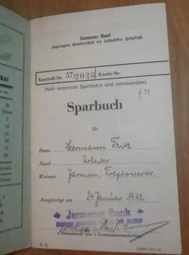 altes Sparbuch Jarmen b. Demmin , 1942 - 1944 , Arbeiter Hermann Fritz in Jarmen i. Mecklenburg , Sparkasse , Bank !!
