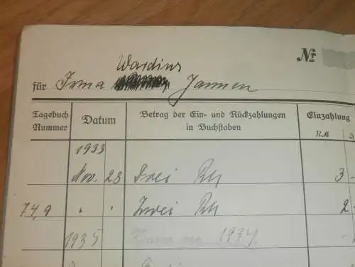 altes Sparbuch Jarmen b. Demmin , 1933 - 1946 , Irma Wardius in Jarmen i. Mecklenburg , Sparkasse , Bank !!