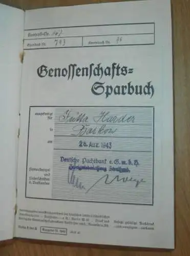 altes Sparbuch Stralsund , 1943 , Jutta Harder in Barkow b. Barkhagen i. Mecklenburg , Sparkasse , Bank !!