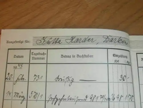 altes Sparbuch Stralsund , 1943 , Jutta Harder in Barkow b. Barkhagen i. Mecklenburg , Sparkasse , Bank !!