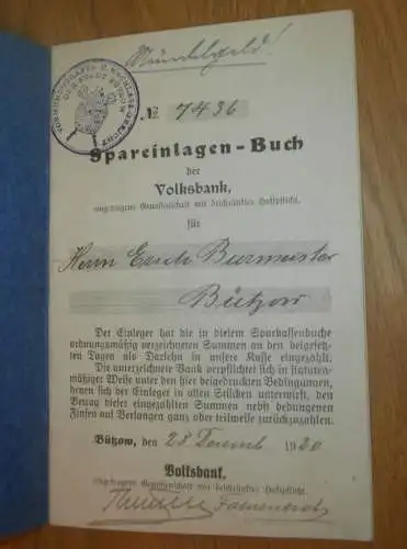 altes Sparbuch Bützow , 1920 , Erich Burmeister in Bützow i. Mecklenburg , Sparkasse , Bank !!