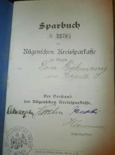 altes Sparbuch Bergen a. Rügen , 1918  - 1921 , Dora Bäkmann in Capelle b. Bergen a. Rügen i. Mecklenburg , Sparkasse