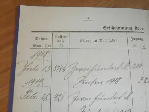 altes Sparbuch Bergen a. Rügen , 1918  - 1921 , Dora Bäkmann in Capelle b. Bergen a. Rügen i. Mecklenburg , Sparkasse