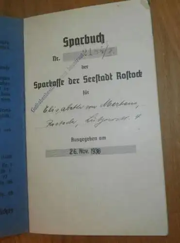 altes Sparbuch Rostock , 1936 - 1946 , Elisabeth von Mertens in Rostock i. Mecklenburg , Sparkasse , Bank !