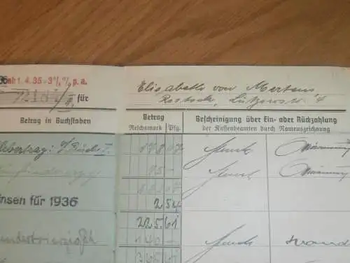 altes Sparbuch Rostock , 1936 - 1946 , Elisabeth von Mertens in Rostock i. Mecklenburg , Sparkasse , Bank !