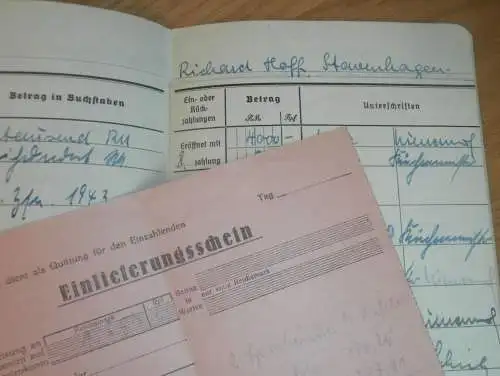 altes Sparbuch Stavenhagen , 1943 - 1944 , Schlosser Richard Haff in Stavenhagen i. Mecklenburg , Sparkasse , Bank !