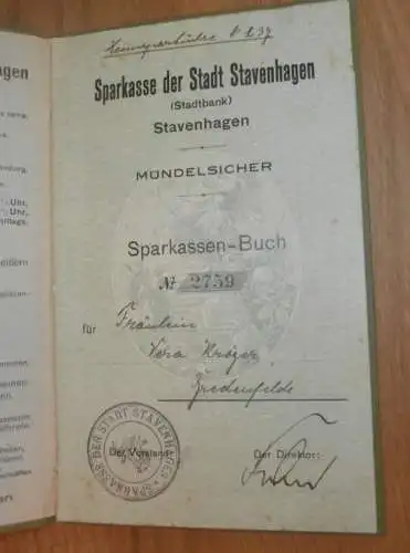 altes Sparbuch Stavenhagen , 1934 - 1943 , Vera Kröger in Bredenfelde b. Stavenhagen i. Mecklenburg , Sparkasse , Bank !