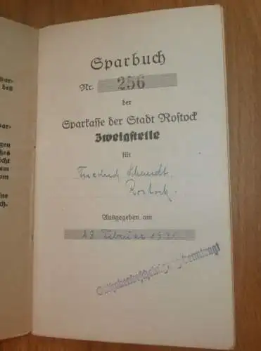altes Sparbuch Rostock , 1931 - 1941 , Friedrich Schmidt in Rostock i. Mecklenburg , Sparkasse , Bank !!
